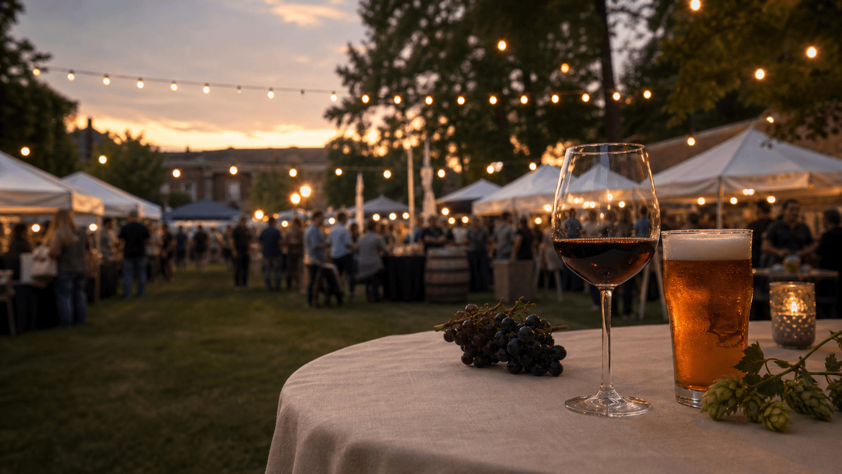 Wine and beer glasses at a warm outdoor festival